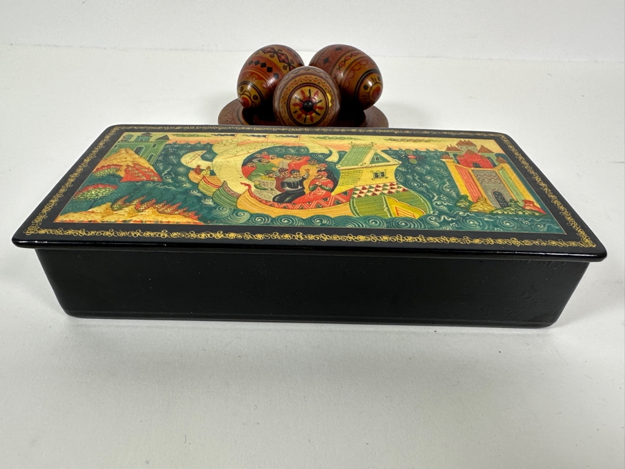 Hand Painted Russian Wooden Lacquer Box 8W X 4D X 1.5H And Hand Painted Russian Wooden Eggs And Dish [Photo 7]