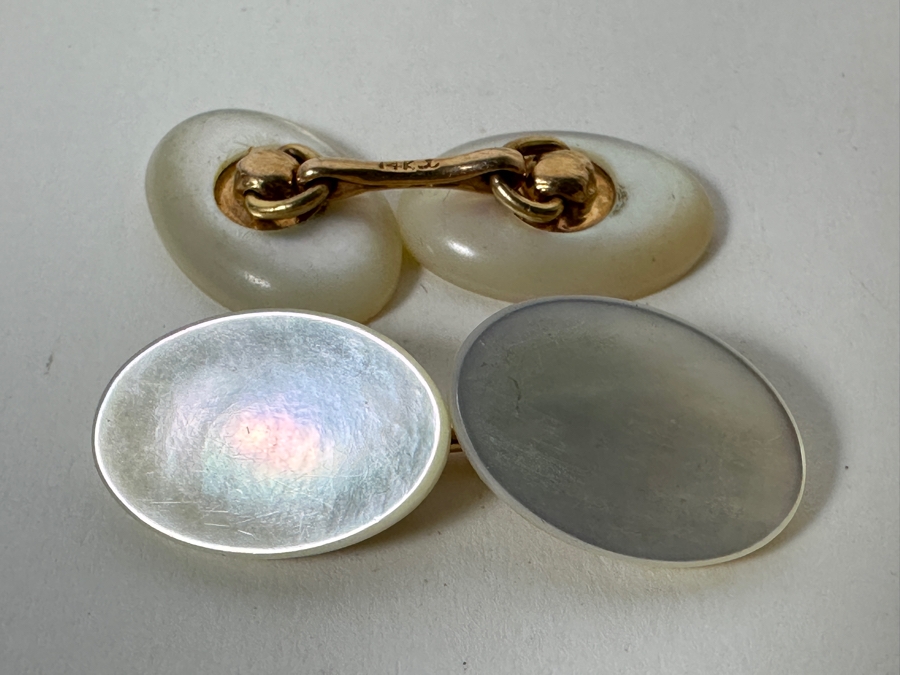 Vintage 14k Gold Mother Of Pearl Shell Cufflinks 6g [Photo 4]