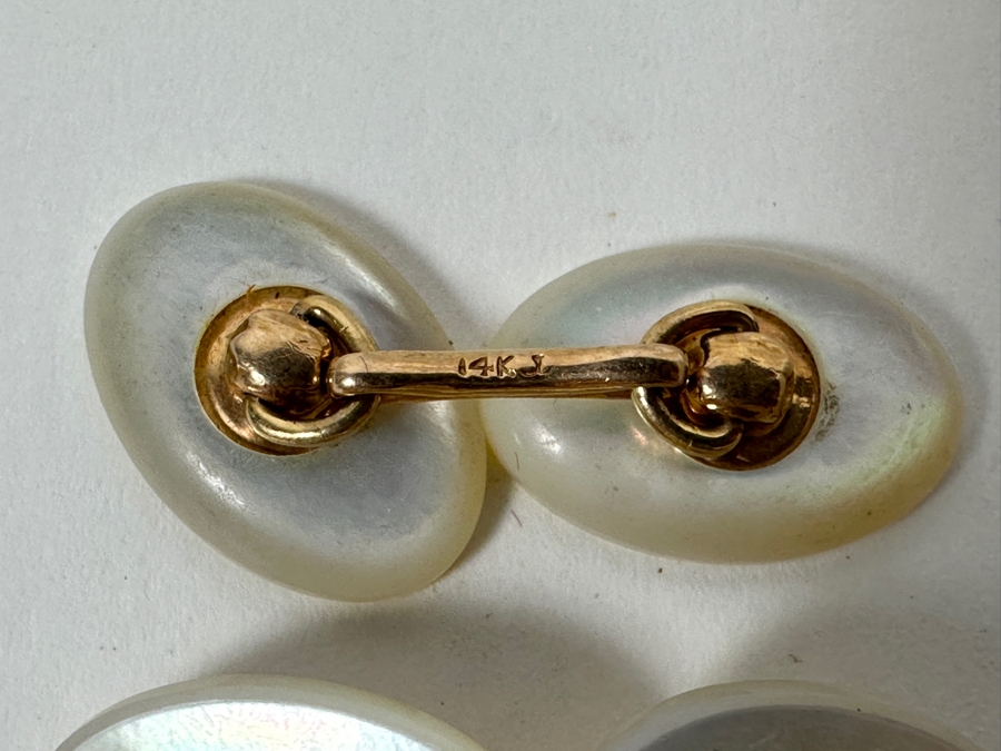 Vintage 14k Gold Mother Of Pearl Shell Cufflinks 6g [Photo 3]