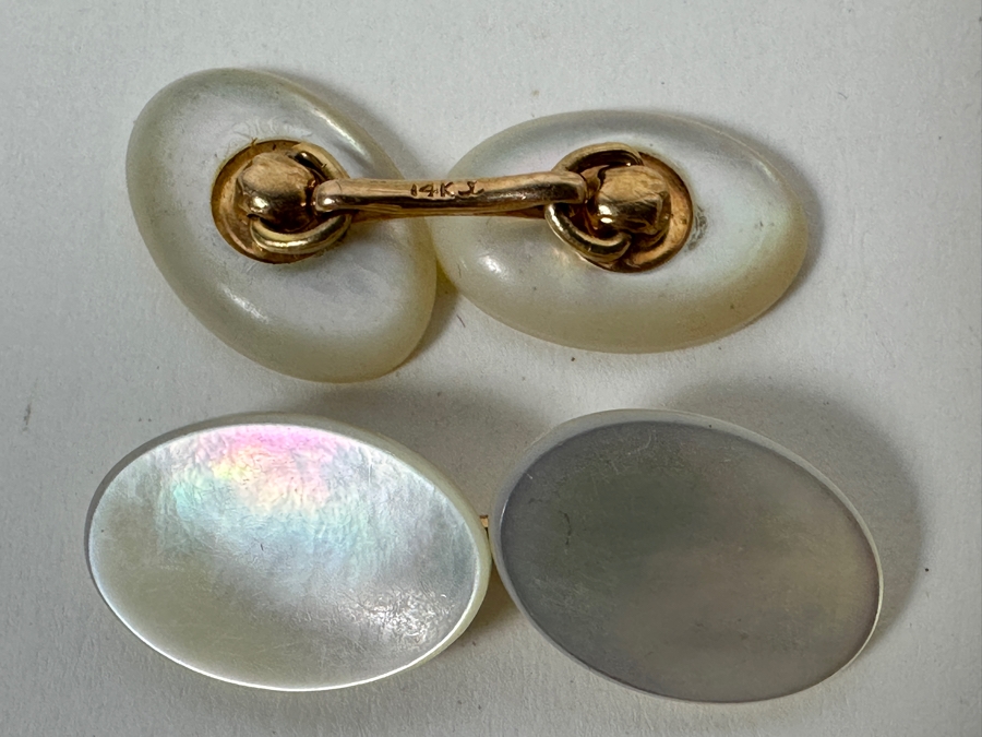 Vintage 14k Gold Mother Of Pearl Shell Cufflinks 6g [Photo 2]