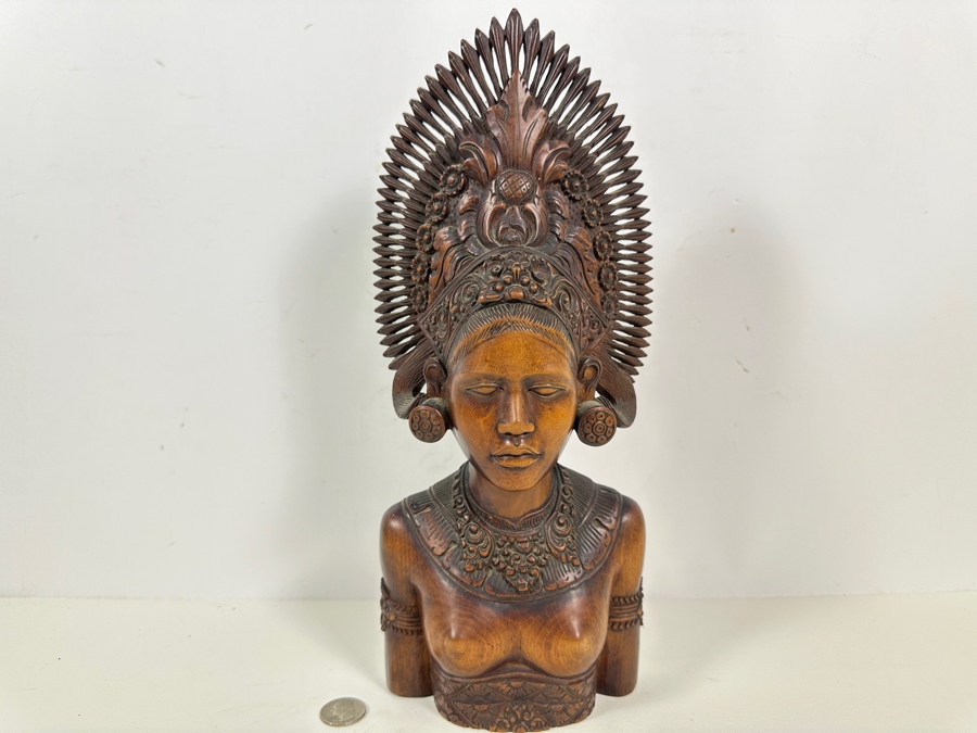 Stunning Hand Carved Wooden Balinese Bust 14H [Photo 10]