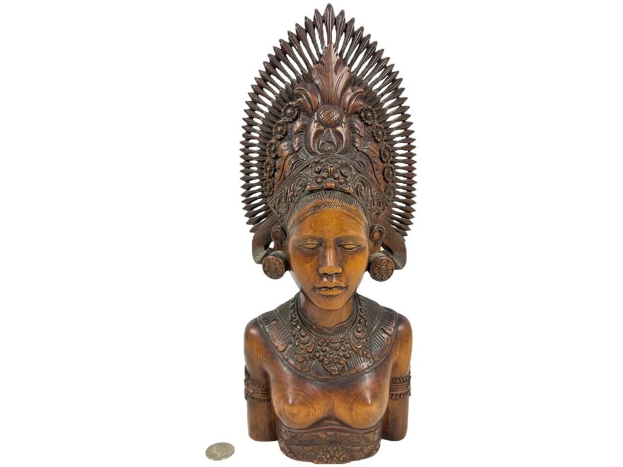Stunning Hand Carved Wooden Balinese Bust 14H [Photo 1]