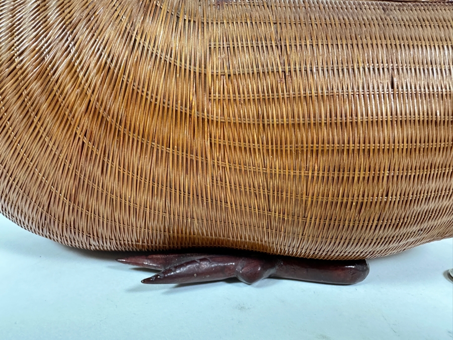 Vintage Chinese Woven Split Bamboo Duck Box With Wooden Eggs 13W X 5D X 8H [Photo 4]