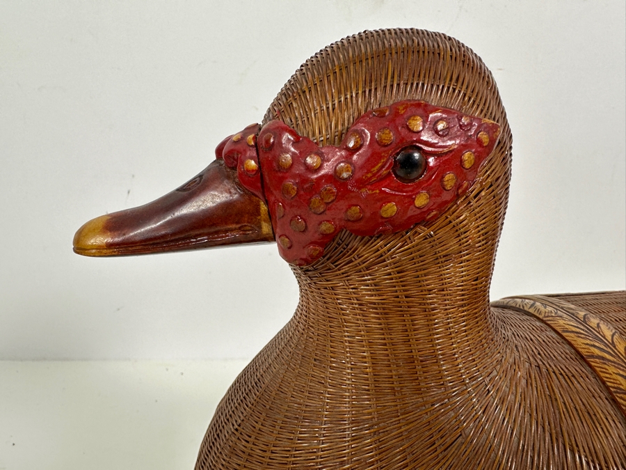 Vintage Chinese Woven Split Bamboo Duck Box With Wooden Eggs 13W X 5D X 8H [Photo 2]