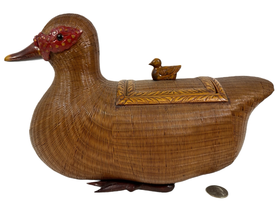 Vintage Chinese Woven Split Bamboo Duck Box With Wooden Eggs 13W X 5D X 8H [Photo 1]