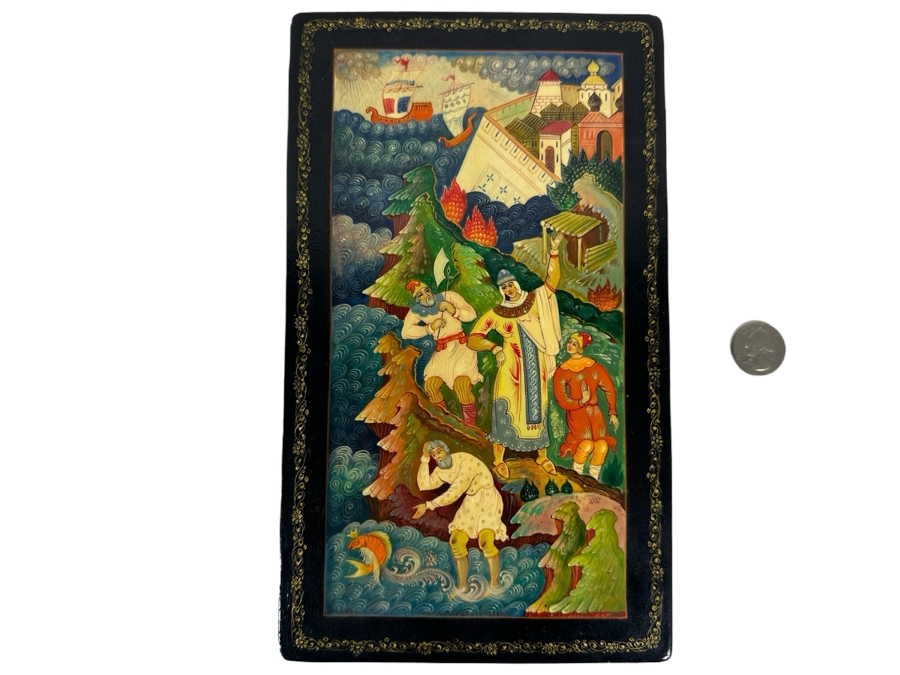 Vintage Hand Painted Russian Wooden Lacquer Box 9.5W X 5.5D X 1.75H