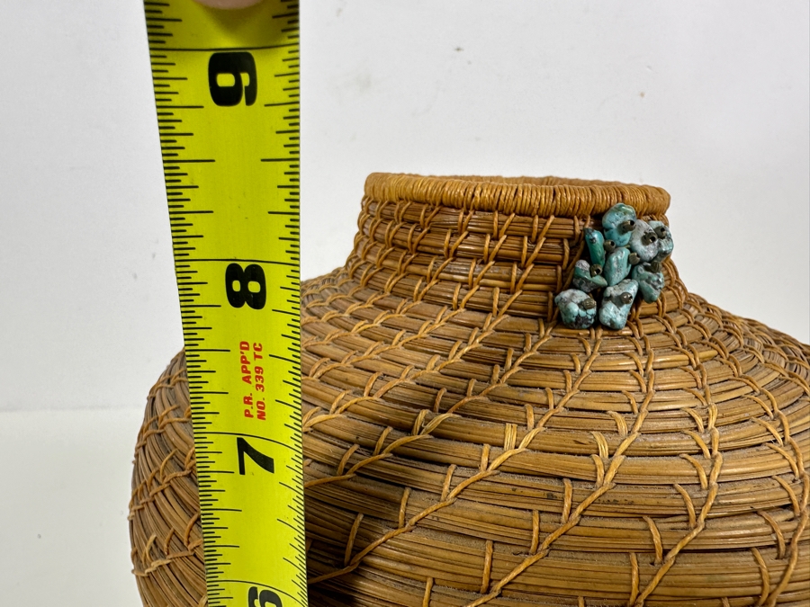 Carol E. Lang Basket With Longleaf Pine Needles, Cotton Yarn And Turquoise Beads 8W X 9H Retails $150	 [Photo 7]