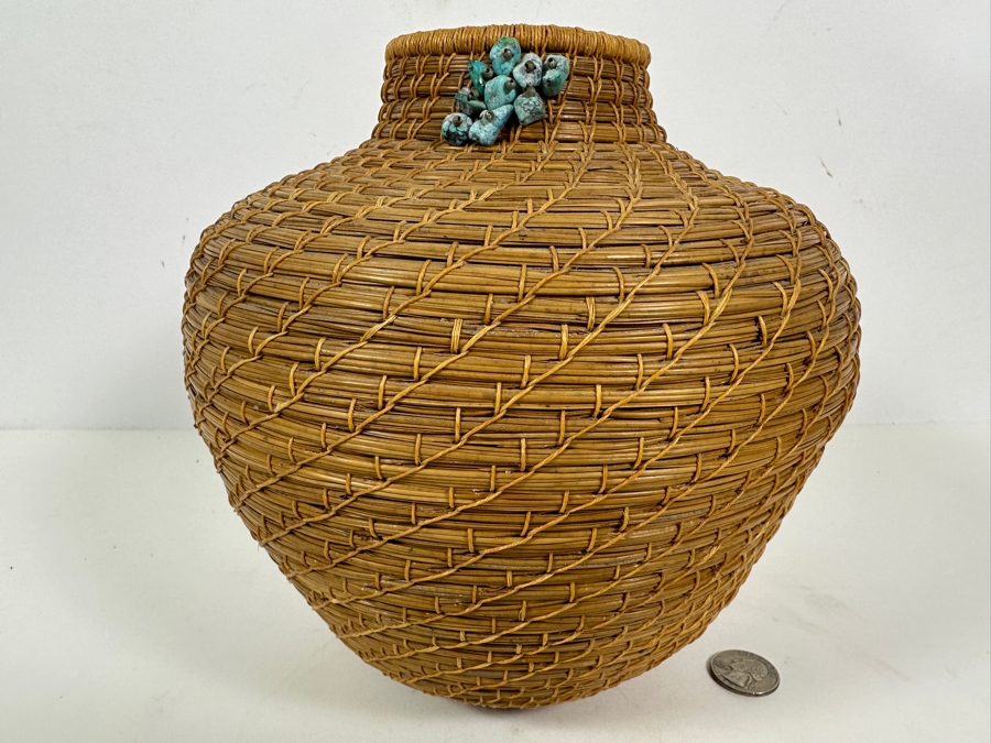 Carol E. Lang Basket With Longleaf Pine Needles, Cotton Yarn And Turquoise Beads 8W X 9H Retails $150	 [Photo 2]
