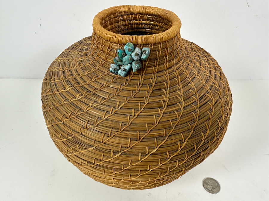 Carol E. Lang Basket With Longleaf Pine Needles, Cotton Yarn And Turquoise Beads 8W X 9H Retails $150	 [Photo 4]