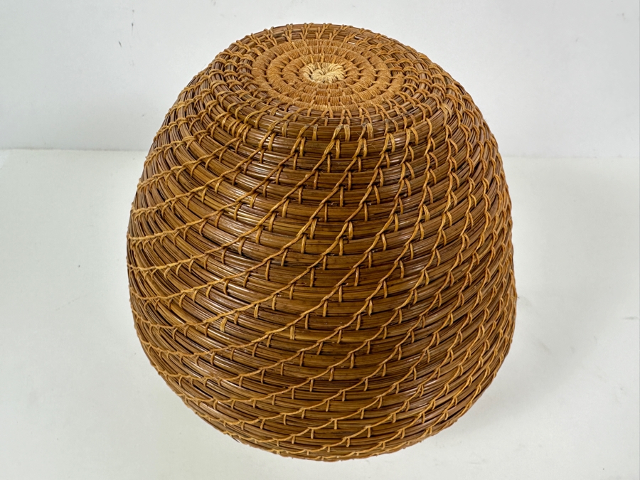 Carol E. Lang Basket With Longleaf Pine Needles, Cotton Yarn And Turquoise Beads 8W X 9H Retails $150	 [Photo 6]