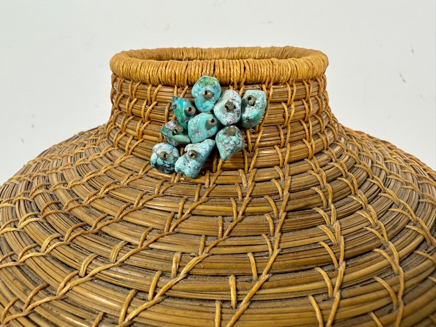 Carol E. Lang Basket With Longleaf Pine Needles, Cotton Yarn And Turquoise Beads 8W X 9H Retails $150	 [Photo 3]