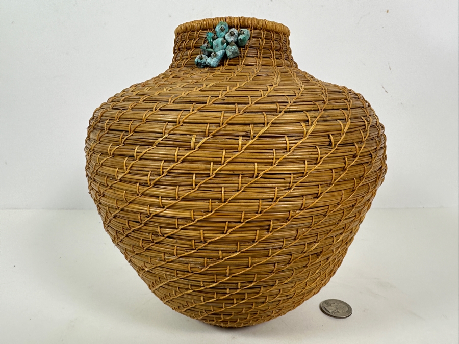 Carol E. Lang Basket With Longleaf Pine Needles, Cotton Yarn And Turquoise Beads 8W X 9H Retails $150	 [Photo 5]