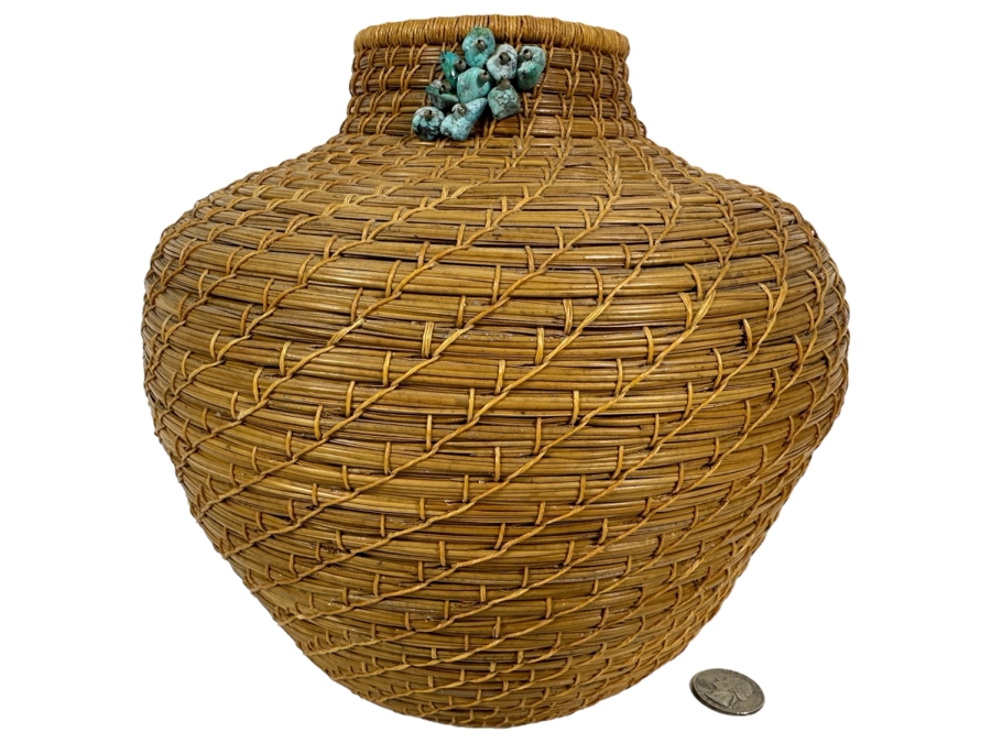 Carol E. Lang Basket With Longleaf Pine Needles, Cotton Yarn And Turquoise Beads 8W X 9H Retails $150	