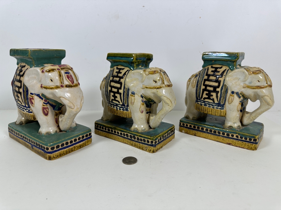 Three Small Ceramic Hand Painted Asian Elephant Plant Stands 6.25W X 3.75D X 7H [Photo 12]