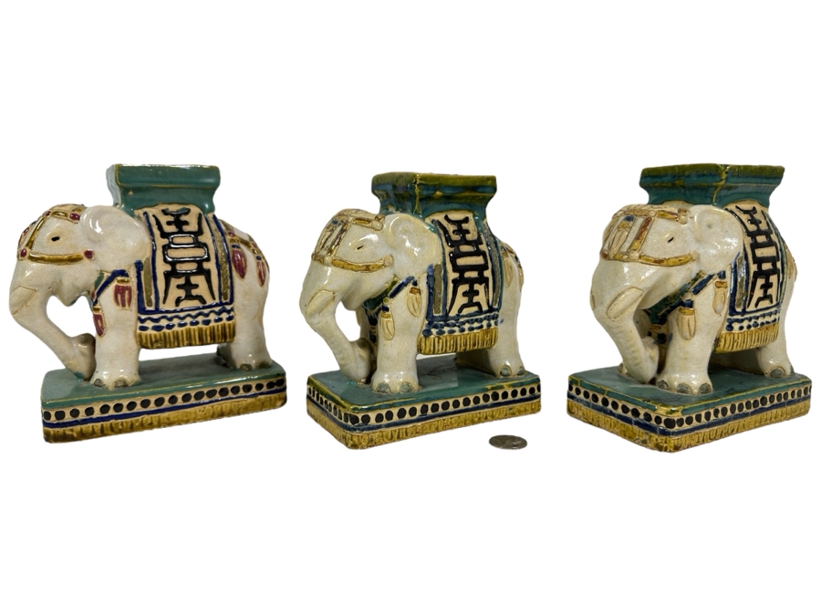 Three Small Ceramic Hand Painted Asian Elephant Plant Stands 6.25W X 3.75D X 7H