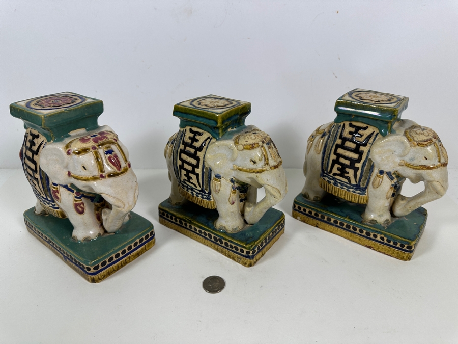 Three Small Ceramic Hand Painted Asian Elephant Plant Stands 6.25W X 3.75D X 7H [Photo 13]