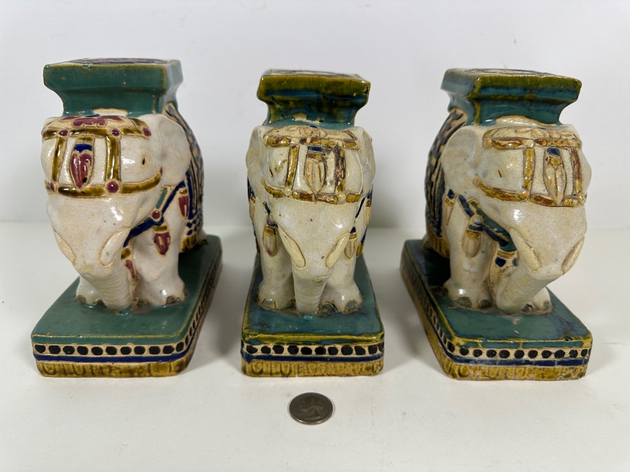 Three Small Ceramic Hand Painted Asian Elephant Plant Stands 6.25W X 3.75D X 7H [Photo 10]