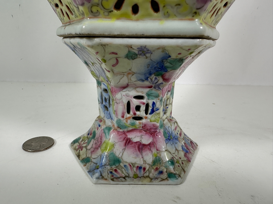 Vintage Chinese Famille Rose Reticulated Porcelain Wedding Lantern 12.25H [Photo 4]