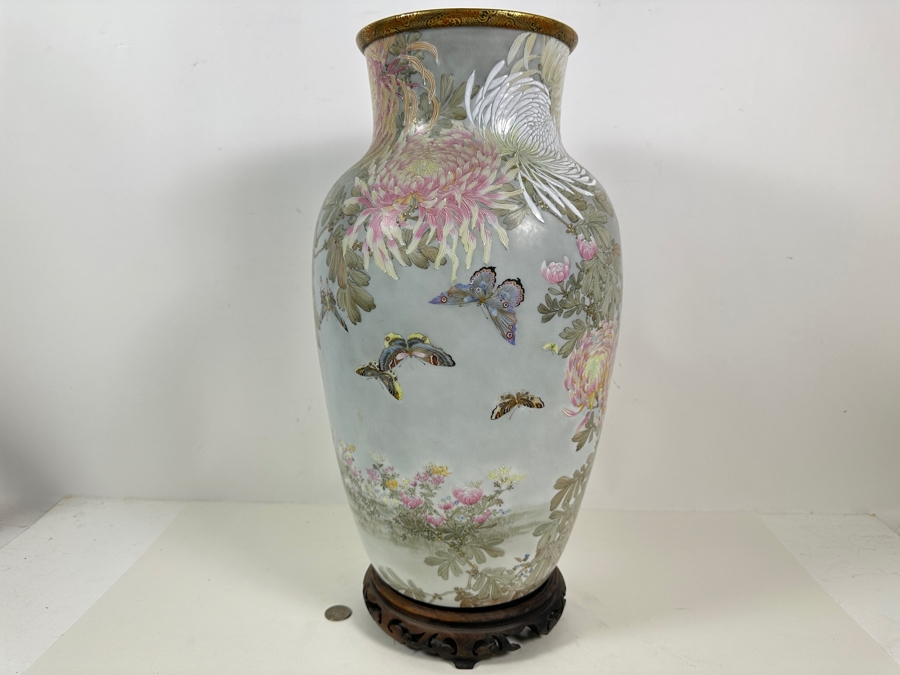 Stunning Hand Painted Japanese Porcelain Vase Featuring Hand Painted Butterflies And Flowers With Wooden Stand Very Heavy 18.5'H [Photo 8]