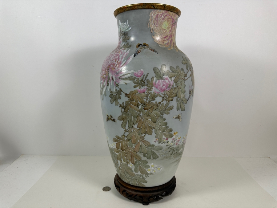 Stunning Hand Painted Japanese Porcelain Vase Featuring Hand Painted Butterflies And Flowers With Wooden Stand Very Heavy 18.5'H [Photo 12]