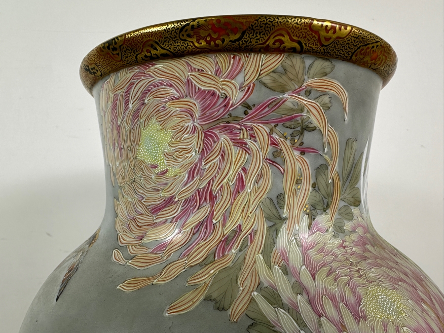 Stunning Hand Painted Japanese Porcelain Vase Featuring Hand Painted Butterflies And Flowers With Wooden Stand Very Heavy 18.5'H [Photo 4]