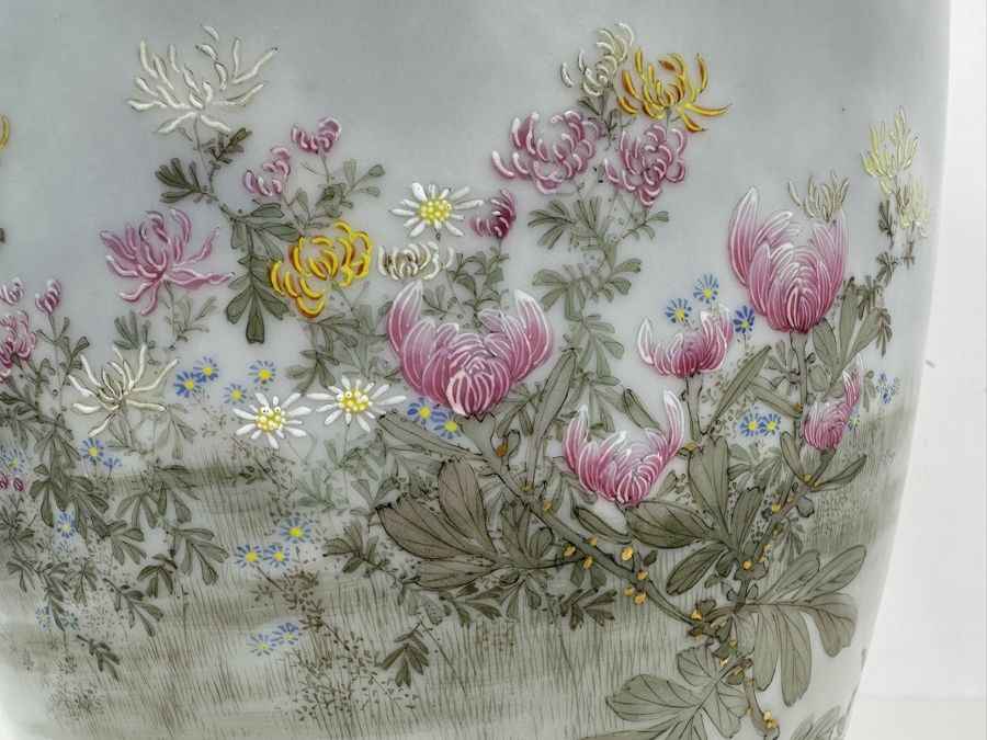 Stunning Hand Painted Japanese Porcelain Vase Featuring Hand Painted Butterflies And Flowers With Wooden Stand Very Heavy 18.5'H [Photo 6]