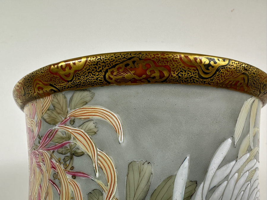 Stunning Hand Painted Japanese Porcelain Vase Featuring Hand Painted Butterflies And Flowers With Wooden Stand Very Heavy 18.5'H [Photo 10]