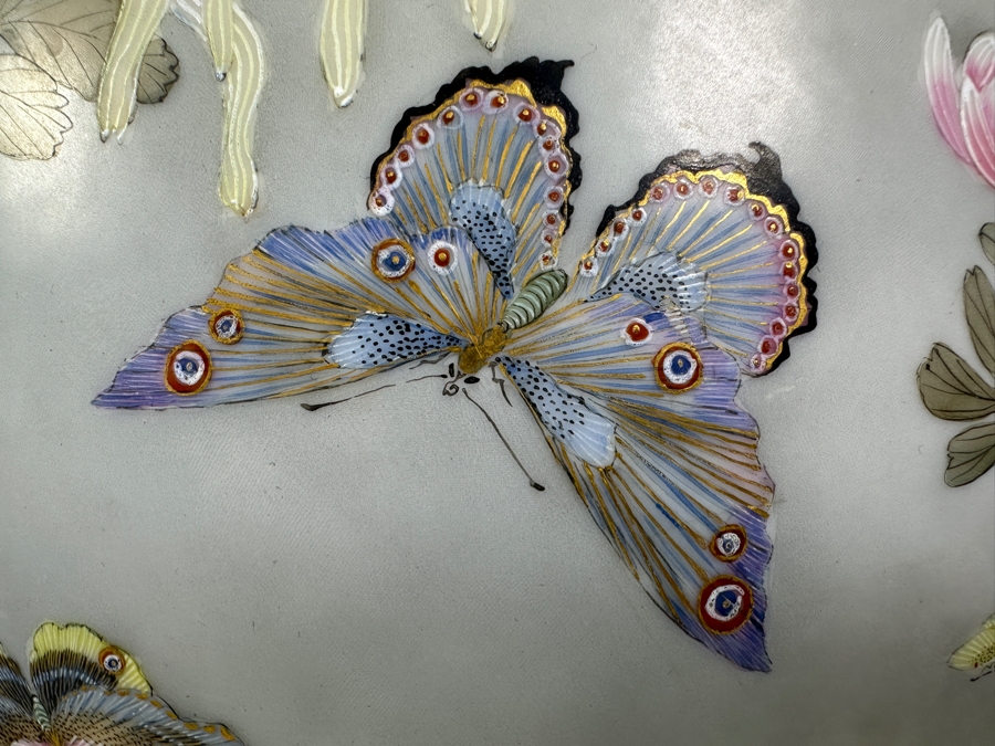 Stunning Hand Painted Japanese Porcelain Vase Featuring Hand Painted Butterflies And Flowers With Wooden Stand Very Heavy 18.5'H [Photo 9]