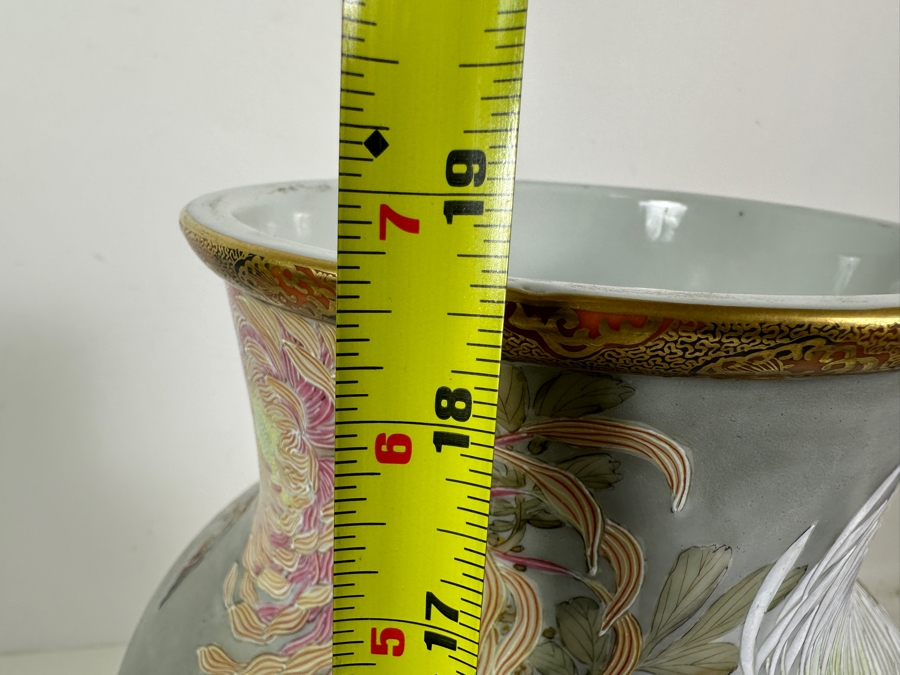 Stunning Hand Painted Japanese Porcelain Vase Featuring Hand Painted Butterflies And Flowers With Wooden Stand Very Heavy 18.5'H [Photo 24]