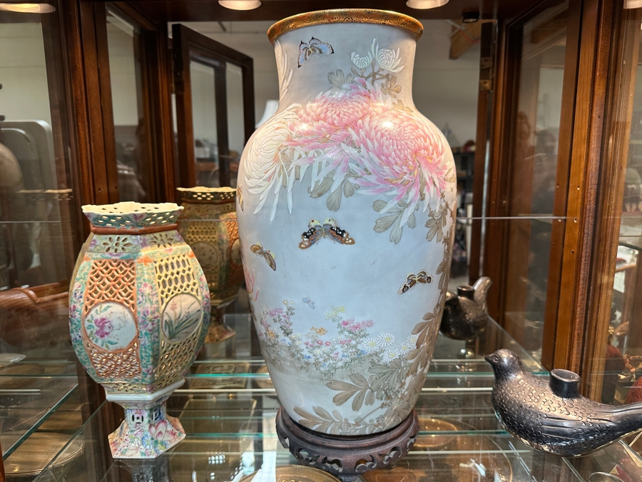 Stunning Hand Painted Japanese Porcelain Vase Featuring Hand Painted Butterflies And Flowers With Wooden Stand Very Heavy 18.5'H [Photo 25]