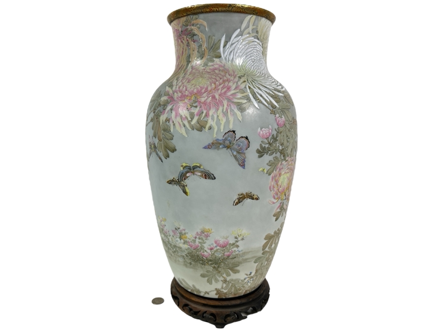 Stunning Hand Painted Japanese Porcelain Vase Featuring Hand Painted Butterflies And Flowers With Wooden Stand Very Heavy 18.5'H [Photo 7]