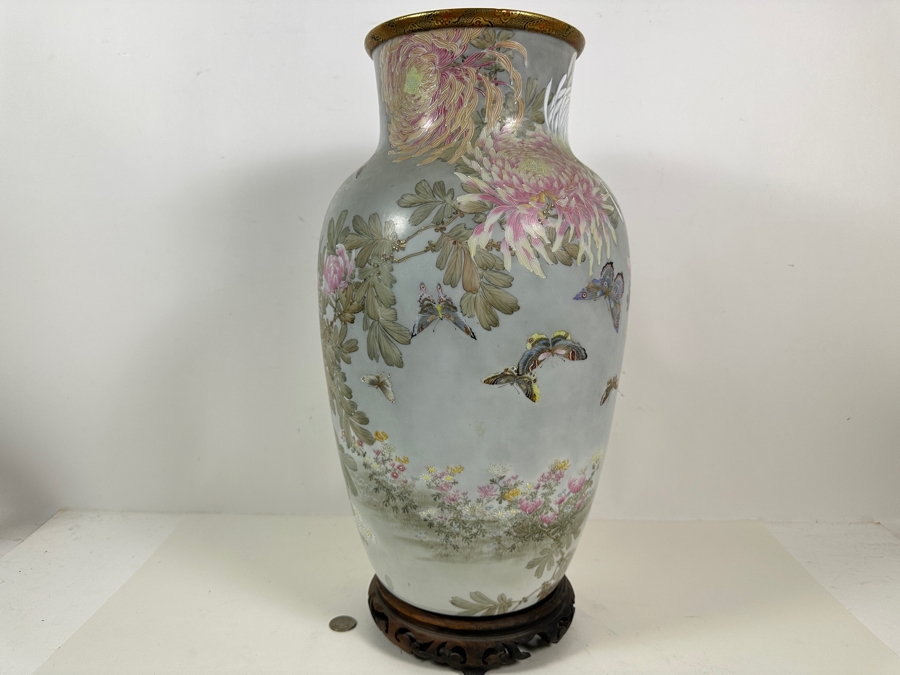 Stunning Hand Painted Japanese Porcelain Vase Featuring Hand Painted Butterflies And Flowers With Wooden Stand Very Heavy 18.5'H [Photo 11]