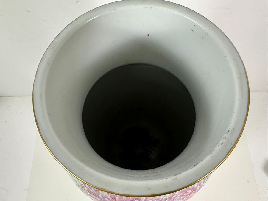 Stunning Hand Painted Japanese Porcelain Vase Featuring Hand Painted Butterflies And Flowers With Wooden Stand Very Heavy 18.5'H [Photo 16]