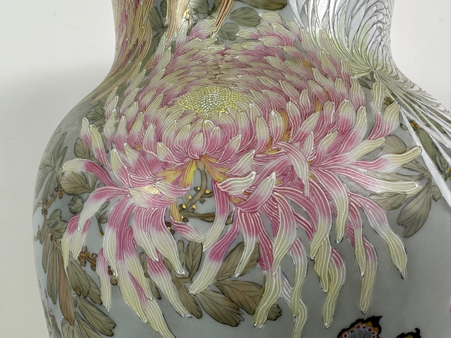 Stunning Hand Painted Japanese Porcelain Vase Featuring Hand Painted Butterflies And Flowers With Wooden Stand Very Heavy 18.5'H [Photo 3]