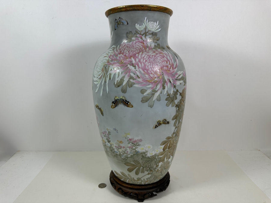 Stunning Hand Painted Japanese Porcelain Vase Featuring Hand Painted Butterflies And Flowers With Wooden Stand Very Heavy 18.5'H [Photo 15]