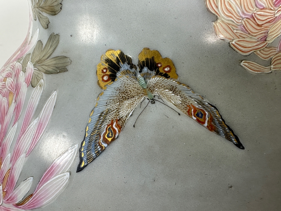 Stunning Hand Painted Japanese Porcelain Vase Featuring Hand Painted Butterflies And Flowers With Wooden Stand Very Heavy 18.5'H [Photo 5]