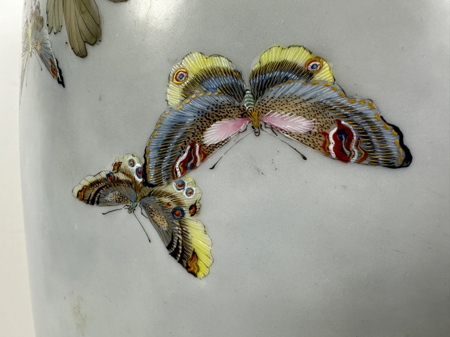 Stunning Hand Painted Japanese Porcelain Vase Featuring Hand Painted Butterflies And Flowers With Wooden Stand Very Heavy 18.5'H [Photo 2]