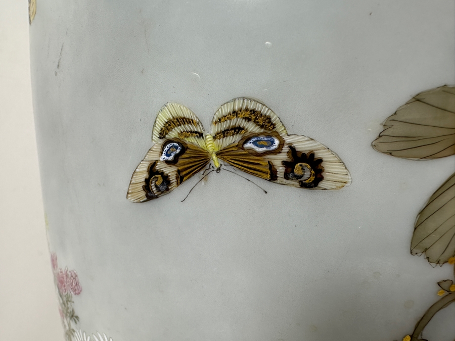 Stunning Hand Painted Japanese Porcelain Vase Featuring Hand Painted Butterflies And Flowers With Wooden Stand Very Heavy 18.5'H [Photo 14]