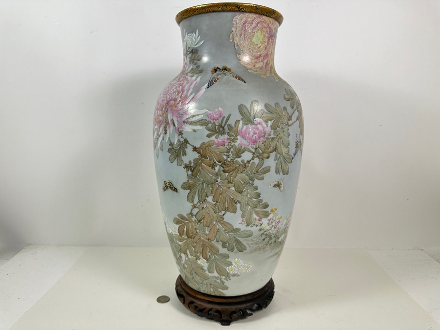 Stunning Hand Painted Japanese Porcelain Vase Featuring Hand Painted Butterflies And Flowers With Wooden Stand Very Heavy 18.5'H [Photo 13]