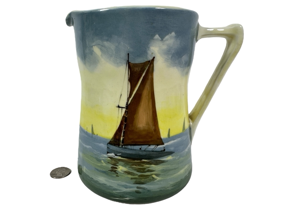 Antique English Royal Doulton Hand Painted Pitcher With Sailboat 7'H