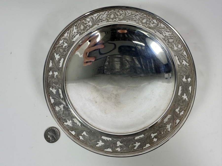 Vintage Sterling Silver Spaulding & Co Footed Bowl With Reticulated Floral Chasing Work Along The Rim 8W X 2H 237g - Sterling Silver Melt Value = $232 [Photo 4]