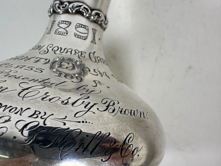 Vintage Sterling Silver Whiting Manufacturing Co. Bud Vase Trophy Dated 1891 Madison Square Gardens Chrysanthemums Show 7H 184g - Sterling Silver Melt Value = $181 [Photo 7]