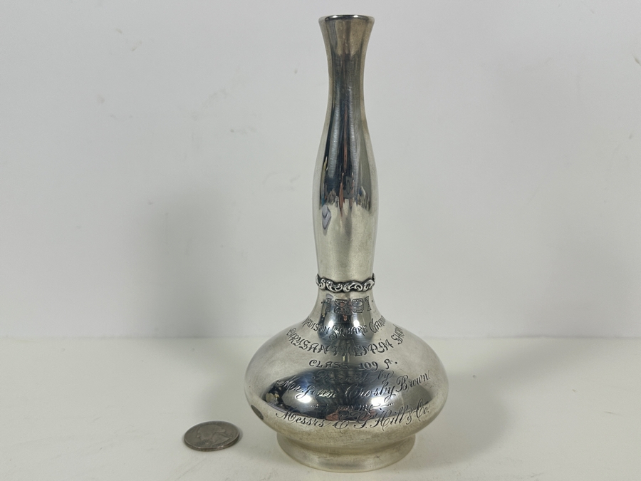 Vintage Sterling Silver Whiting Manufacturing Co. Bud Vase Trophy Dated 1891 Madison Square Gardens Chrysanthemums Show 7H 184g - Sterling Silver Melt Value = $181 [Photo 2]