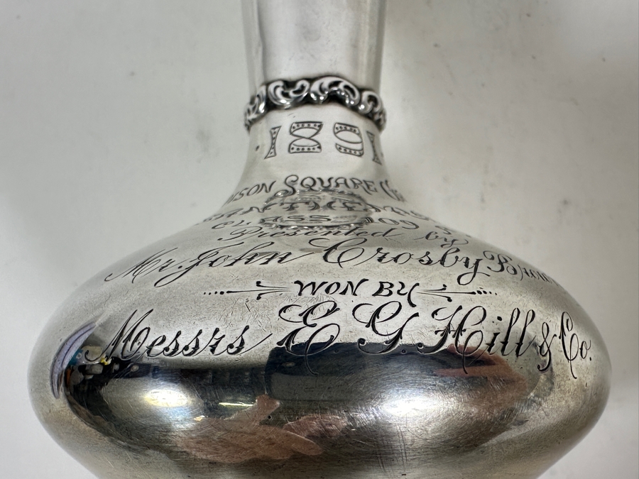 Vintage Sterling Silver Whiting Manufacturing Co. Bud Vase Trophy Dated 1891 Madison Square Gardens Chrysanthemums Show 7H 184g - Sterling Silver Melt Value = $181 [Photo 3]