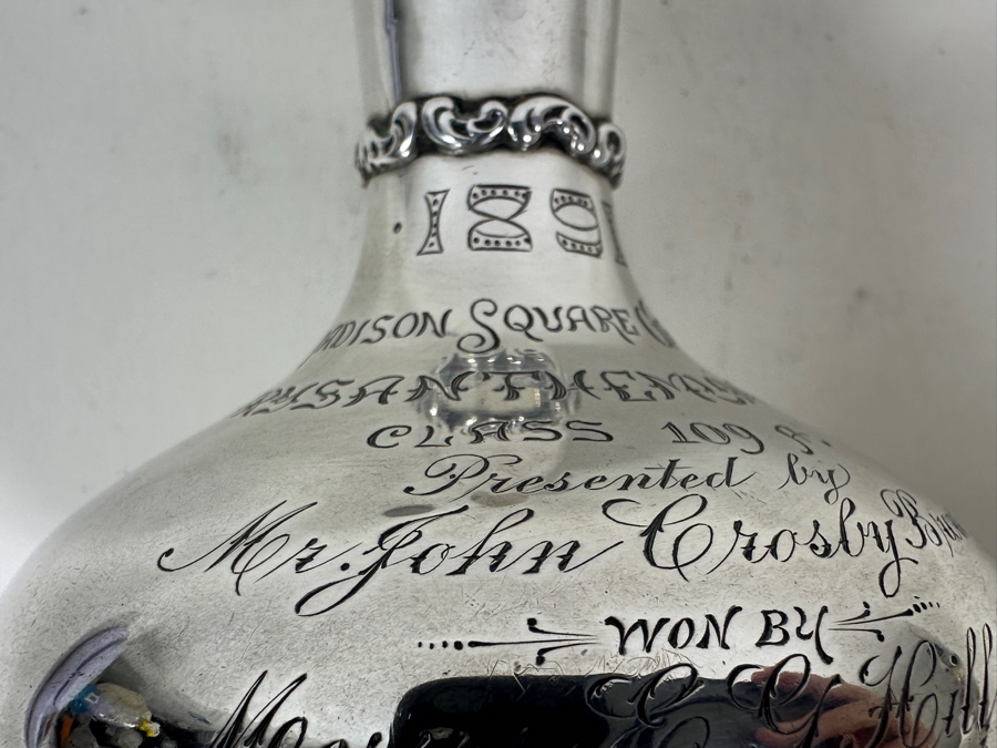 Vintage Sterling Silver Whiting Manufacturing Co. Bud Vase Trophy Dated 1891 Madison Square Gardens Chrysanthemums Show 7H 184g - Sterling Silver Melt Value = $181 [Photo 6]