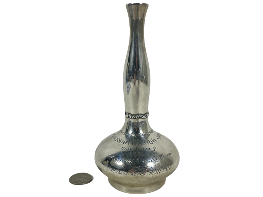 Vintage Sterling Silver Whiting Manufacturing Co. Bud Vase Trophy Dated 1891 Madison Square Gardens Chrysanthemums Show 7H 184g - Sterling Silver Melt Value = $181 [Photo 1]