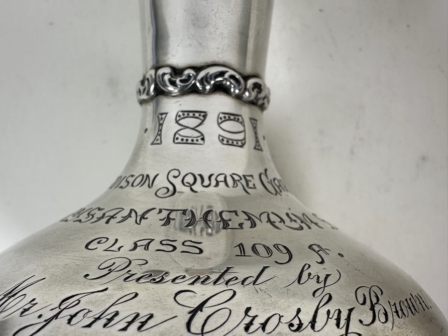 Vintage Sterling Silver Whiting Manufacturing Co. Bud Vase Trophy Dated 1891 Madison Square Gardens Chrysanthemums Show 7H 184g - Sterling Silver Melt Value = $181 [Photo 4]