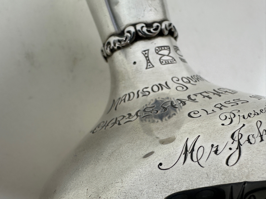 Vintage Sterling Silver Whiting Manufacturing Co. Bud Vase Trophy Dated 1891 Madison Square Gardens Chrysanthemums Show 7H 184g - Sterling Silver Melt Value = $181 [Photo 5]