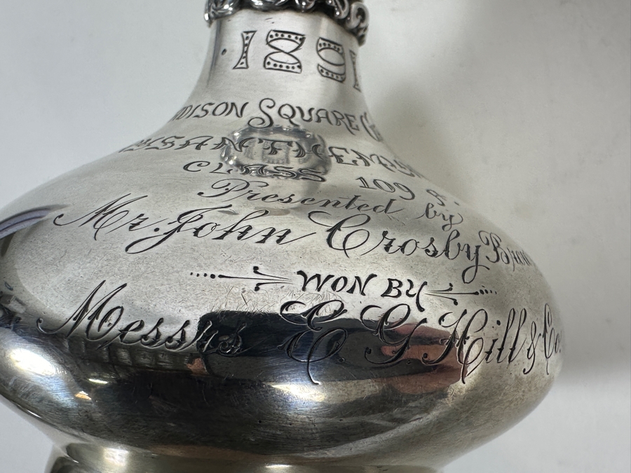 Vintage Sterling Silver Whiting Manufacturing Co. Bud Vase Trophy Dated 1891 Madison Square Gardens Chrysanthemums Show 7H 184g - Sterling Silver Melt Value = $181 [Photo 11]