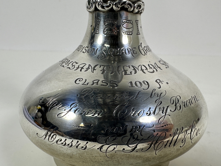 Vintage Sterling Silver Whiting Manufacturing Co. Bud Vase Trophy Dated 1891 Madison Square Gardens Chrysanthemums Show 7H 184g - Sterling Silver Melt Value = $181 [Photo 8]